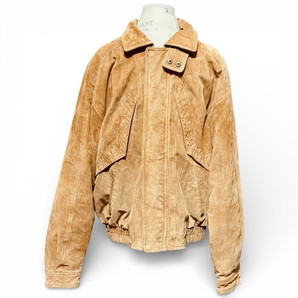 Vintage River Run Men’s Suede Leather Tan Bomber Jacket Zip Up Size Large